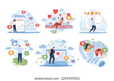 Popular people blogger influencer making money via internet set vector flat illustration. Man and woman online content monetization vlogger financial income best rate likes comments followers