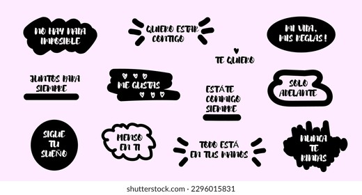 Popular phrases in Spanish. Vector Spanish quotes. Lettering. Stickers of Spanish conversational sentences. Pink isolated background. 