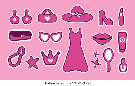 Colección rosa popular para niñas. un corazón, un sombrero, un zapato, una estrella, un vestido, un vaso. logotipo, pegatina, elementos aislados en un fondo rosado. para imprimir, banner, postales. ilustración vectorial de arte.