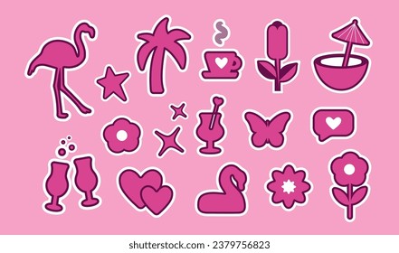 Popular pink collection for girls. heart, coffee, star, chamomile, coconut, flamingo. logo, sticker, individual elements on a pink background. for print, banner, postcard. vector art. barbie style 