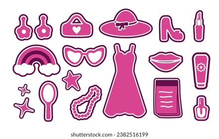 Popular pink collection for girls. heart, shoe, star, lipstick, rainbow, notepad. logo, sticker, individual elements on a pink background. for print, banner, postcard. vector art illustration.