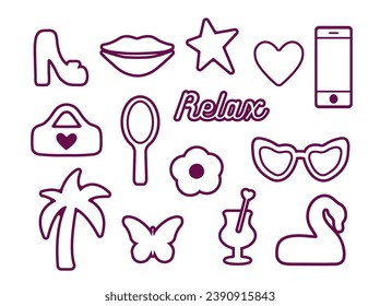 Popular pink collection for girls. heart, daisy, shoe, butterfly, star. logo, sticker, isolated elements on a white background. for print, banner, postcard. art vector illustration. barbie style