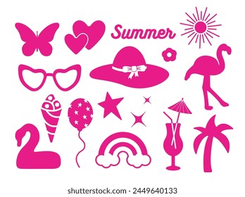 Popular pink collection for summer. cocktail, daisy, rainbow, butterfly, star. logo, sticker, isolated elements on a white background. for holiday, print, banner. art vector illustration. barbie style