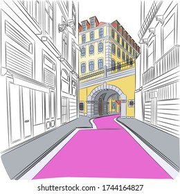 The popular pink street Rua Nova do Carvalho in the Cais do Sodre district in Lisbon, Portugal.