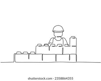 Popular plastic construction toys. Continuous one line art drawing style. Minimalist black linear sketch isolated on white background. Vector illustration