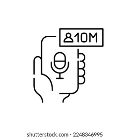 Popular podcast with 10 millions subscribers. Hand holding a smartphone. Pixel perfect, editable stroke icon