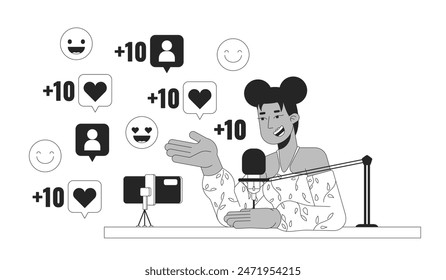 Podcaster Populares hablando en el concepto de ilustración 2D en blanco y negro del micrófono. Creador de contenido femenino negro personaje de dibujos animados aislado en blanco. Arte vectorial monocromo de metáfora de medios sociales