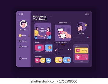 Popular podcasts tablet interface vector template. Mobile app page night mode design layout. Profile screen. Flat UI for application. Content updates and recommendations on portable device display