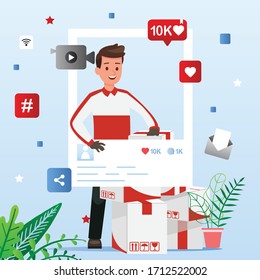 Popular Pos Malaysia Celebrity Account. Social Media Page, Beauty Woman And Handsome Guys With Parcel. Vector Illustration