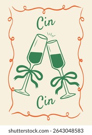 
Cartaz popular no estilo La Dolce Vita com taças de champanhe com arcos jingling com as palavras cin cin para festas, cozinha, convites. Arte moderna Coquette. ilustração desenhada à mão vetor.