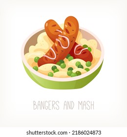 Popular raditional english pub dish with mashed potatoes peas and sausages and onions. Classic british food. Isolated vector image.