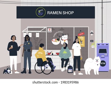 A popular ramen shop, a crowd of people eating and waiting outside, a diverse community of neighbours