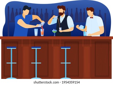 Popular restaurant, professional barista, cocktail bar, experienced bartender, design cartoon style vector illustration.