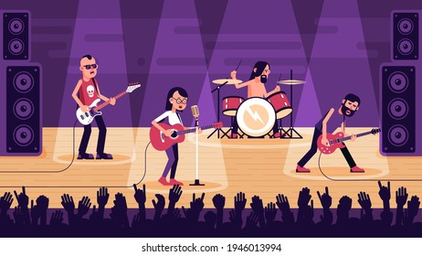 Popular banda de rock con cantante femenina cantando canciones en el escenario. Estrellas de rock de concierto. Ilustración plana vectorial.