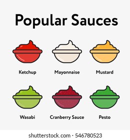 Popular Sauces Minimal Color Flat Line Stroke Icon Pictogram Symbol Illustration Set Collection Ketchup, Mayonnaise, Mustard, Wasabi, Cranberry, Pesto