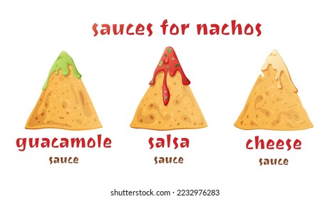  Popular sauces for nachos, guacamole, salsa, cheese sauce.Mexican national food. Crispy corn chips. Vector illustration isolated background