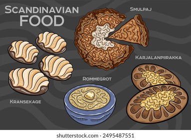  Popular Scandinavian dishes Set. Hand-drawn vector illustration on a dark background. 