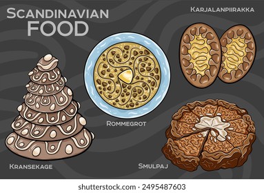  Popular Scandinavian dishes Set. Hand-drawn vector illustration on a dark background. 