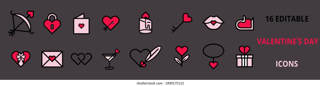Popular set of vector isolated editable Valentine's day icons. Lovers Day. 14 February. 16 icons with hearts, kisses full of love!