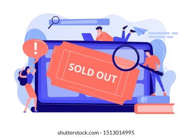 Popular show, best concerts and music festivals searching. Online booking system. Sold-out event, sold-out crowd, no tickets available concept. Pink coral blue vector isolated illustration