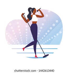 Popular Singer Performance Vector Illustration. Talented Young Woman Holding Microphone Cartoon Character. Professional Vocalist, African American Artist Singing Live on Stage. Pop Music Concert