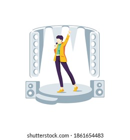 Popular singer performing on stage. Guy singing song at karaoke bar, night club or live concert with microphone. Vocalist participating in talent show flat vector illustration on white background