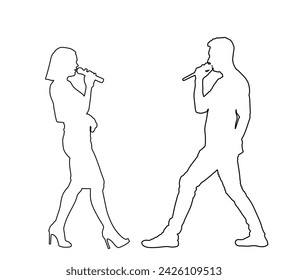 Popular singer super star duet vector line contour silhouette illustration isolated. Attractive music artist on stage. Singer man and woman musician public concert. Microphone in hands. Karaoke event.