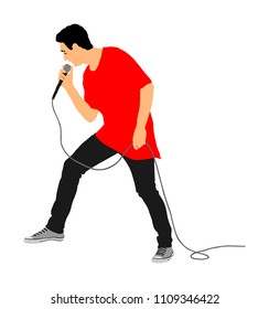 Popular singer super star vector illustration isolated on white background. Attractive music artist on the stage. Singer man artist against public on concert. Entertainment event. Microphone in hands.