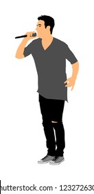 Popular singer super star vector illustration isolated on white background. Attractive music artist on the stage. Singer man artist against public on concert. Entertainment event. Microphone in hands.