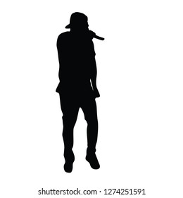 Popular singer super star vector illustration isolated on white background. Attractive music artist on the stage. Singer man artist against public on concert. Entertainment event. Microphone in hands.