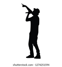 Popular singer super star vector illustration isolated on white background. Attractive music artist on the stage. Singer man artist against public on concert. Entertainment event. Microphone in hands.