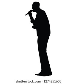 Popular singer super star vector illustration isolated on white background. Attractive music artist on the stage. Singer man artist against public on concert. Entertainment event. Microphone in hands.