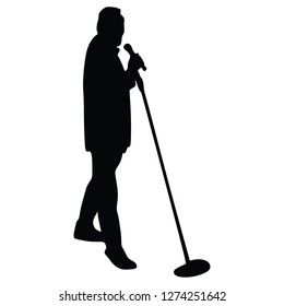 Popular singer super star vector illustration isolated on white background. Attractive music artist on the stage. Singer man artist against public on concert. Entertainment event. Microphone in hands.