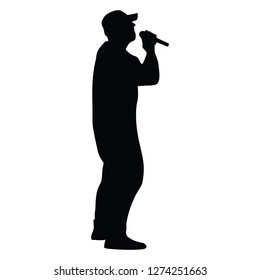 Popular singer super star vector illustration isolated on white background. Attractive music artist on the stage. Singer man artist against public on concert. Entertainment event. Microphone in hands.