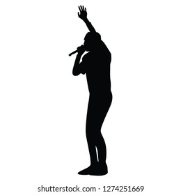 Popular singer super star vector illustration isolated on white background. Attractive music artist on the stage. Singer man artist against public on concert. Entertainment event. Microphone in hands.