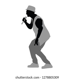 Popular singer super star vector illustration isolated on white background. Attractive music artist on the stage. Singer man artist against public on concert. Entertainment event. Microphone in hands