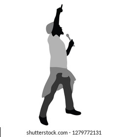 Popular singer super star vector illustration isolated on white background. Attractive music artist on the stage. Singer man artist against public on concert. Entertainment event. Microphone in hands 