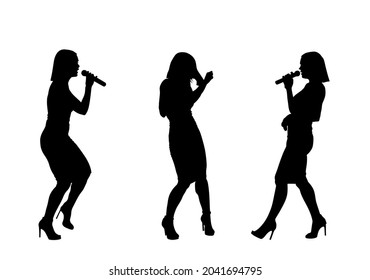 Popular singer super star vector silhouette illustration isolated on white background. Attractive music artist on stage. Singer woman artist karaoke or concert. Microphone in hands. Handsome lady.