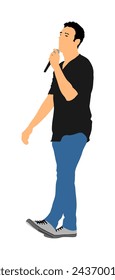 Populäre Sängerin Superstar Vektor-Illustration isoliert auf weißem Hintergrund. Attraktiver Musikkünstler auf der Bühne. Sänger Mann Musiker gegen Öffentlichkeit auf Konzert. Mikrofon in den Händen. Karaoke-Veranstaltung im Pub.