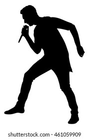 Popular singer super star vector silhouette illustration isolated on white background. Attractive music artist on the stage. Singer man artist against public on concert. Microphone in hands. Karaoke