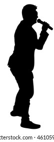 Popular singer super star vector silhouette isolated on white background. Attractive music artist on the stage. Singer woman, girl artist against public on concert. Microphone in hands. Karaoke event.