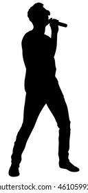 Popular singer super star vector silhouette illustration isolated on white background. Attractive music artist on the stage. Singer man artist against public on concert. Microphone in hands. Karaoke