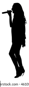 Popular singer super star vector silhouette isolated on white background. Attractive music artist on the stage. Singer woman, girl artist against public on concert. Microphone in hands. Karaoke event.