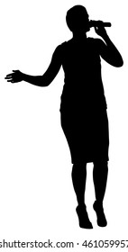 Popular singer super star vector silhouette isolated on white background. Attractive music artist on the stage. Singer woman, girl artist against public on concert. Microphone in hands. Karaoke event.