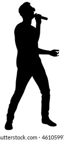 Popular singer super star vector silhouette illustration isolated on white background. Attractive music artist on the stage. Singer man artist against public on concert. Microphone in hands. Karaoke