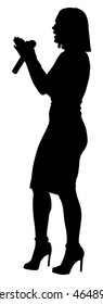 Popular singer super star vector silhouette isolated on white background. Attractive music artist on the stage. Singer woman, girl artist against public on concert. Microphone in hands. Karaoke event.