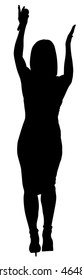 Popular singer super star vector silhouette isolated on white background. Attractive music artist on the stage. Singer woman, girl artist against public on concert. Microphone in hands. Karaoke event.
