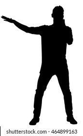 Popular singer super star vector silhouette illustration isolated on white background. Attractive music artist on the stage. Singer man artist against public on concert. Microphone in hands. Karaoke
