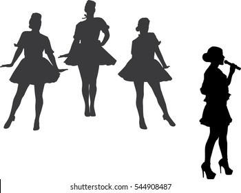 Popular singer super star vector silhouette illustration isolated on white background. Attractive music artist on the stage. Singer woman artist against public on concert and backing dancers.  