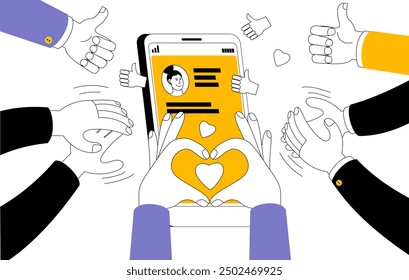 Popular social network account. Fans hands applaud. Vector illustration on the topic of promotion in social networks.